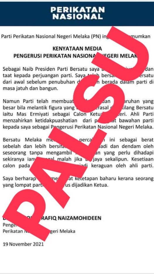 Kenyataan Pengerusi PN Melaka bantah calon Ketua Menteri palsu