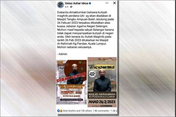 Ustaz Azhar Idrus tiada tauliah mengajar agama di Selangor – JAIS